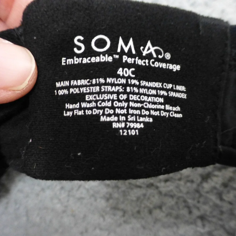 Soma Embraceable Perfect Coverage Black Bra 40C Underwire Adjustable Straps